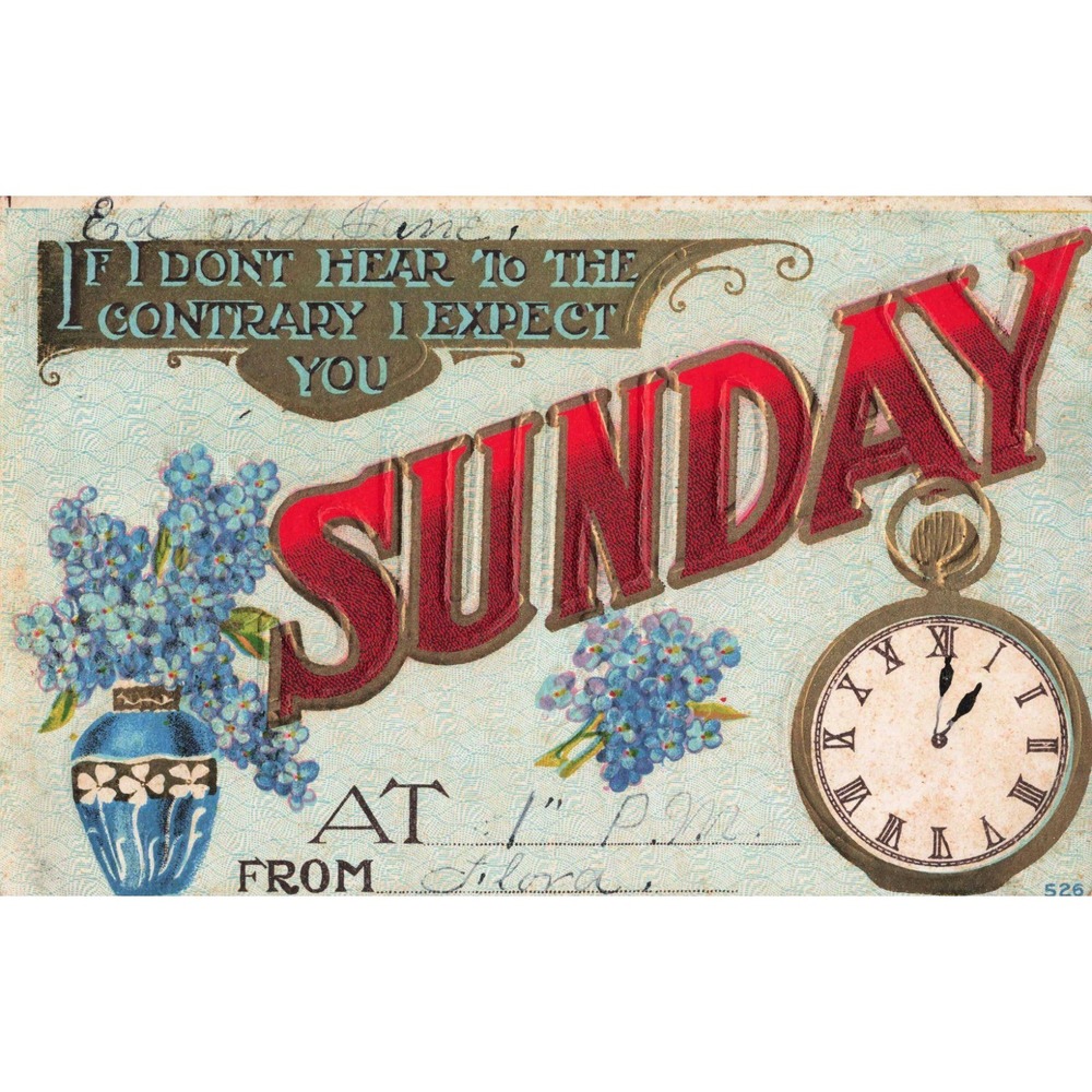 Antique Embossed Postcard Sunday at 1 PM Pocket Watch Forget-Me-Nots Floral VG- - Picture 1 of 2